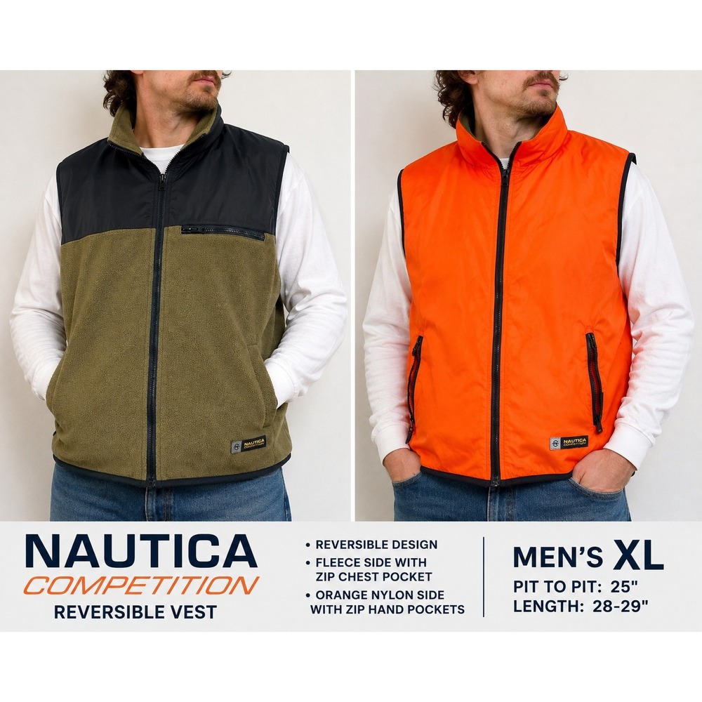 Nautica Competition Reversible Vest Mens XL Fleece Nylon Orange Green Black 3457